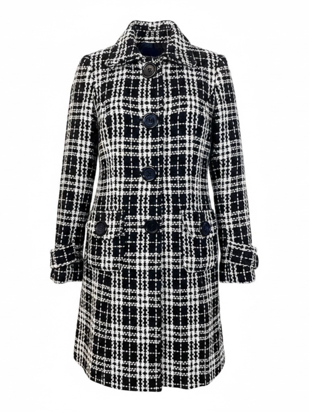 Poetry Wool Blend Plaid Tweed Car Coat Black Cream Longline Jacket‎ S